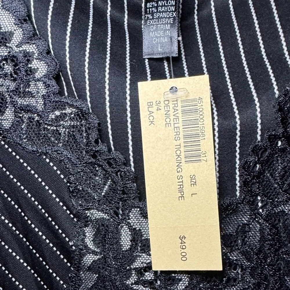 NWT Soma Women’s Travelers Ticking Black Pin Stripe Lace 3/4 Sleeve Top — LARGE - Picture 6 of 6
